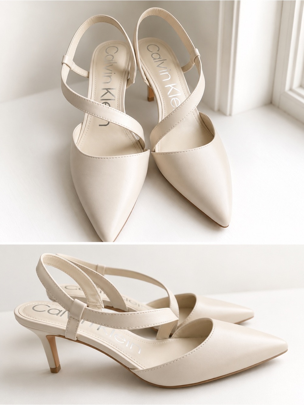 Calvin Klein Cream Pointed Slingback Kitten Heels